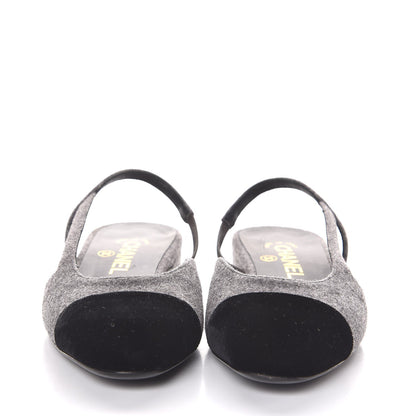 Chanel Wool Velvet Cap Toe CC Slingback Pumps 36 Black Grey 2 of 8