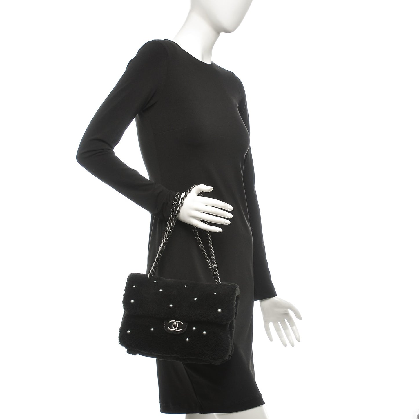 Shearling Lambskin Pearl Flap Black