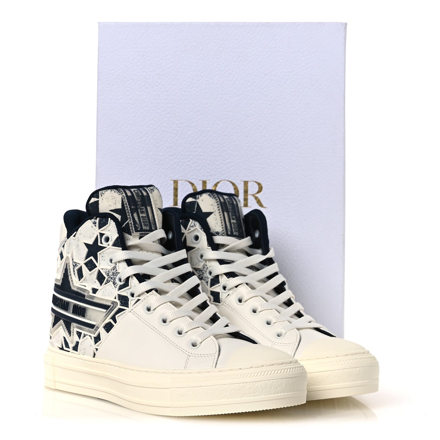 Canvas Calfskin Walk'N'Dior Star High Top Sneakers 38 White Deep Blue