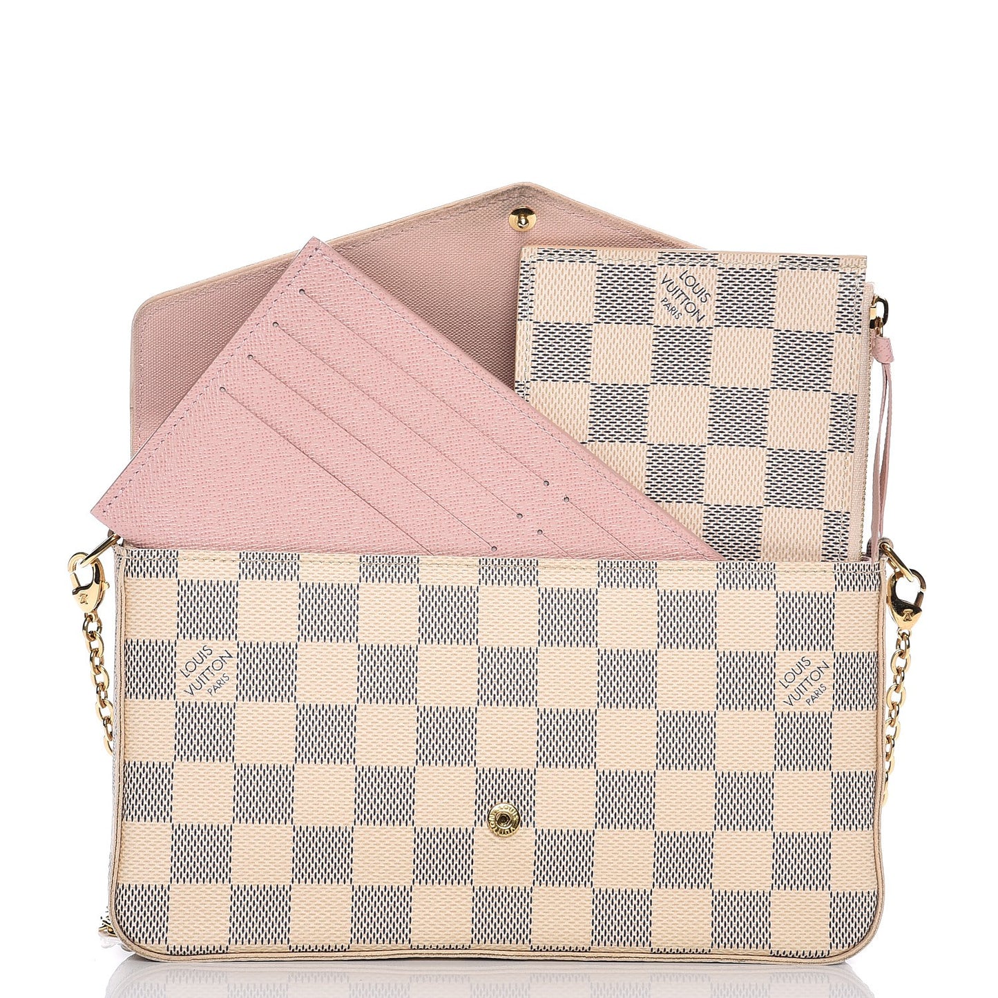 Damier Azur Pochette Felicie Chain Wallet Rose Ballerine