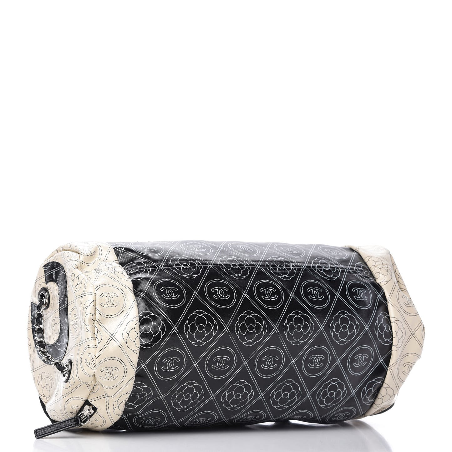Coated Canvas Camellia Printed Calfskin Bowling Bag Black Beige