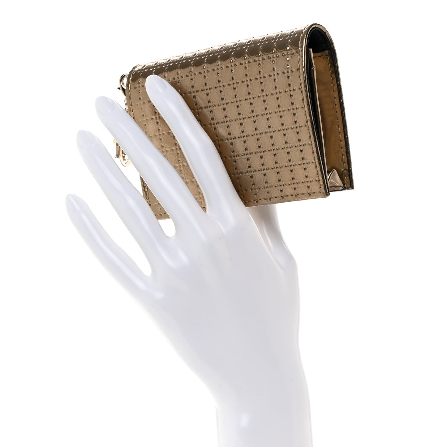 Metallic Patent Micro-Cannage Lady Dior Card Holder Gold