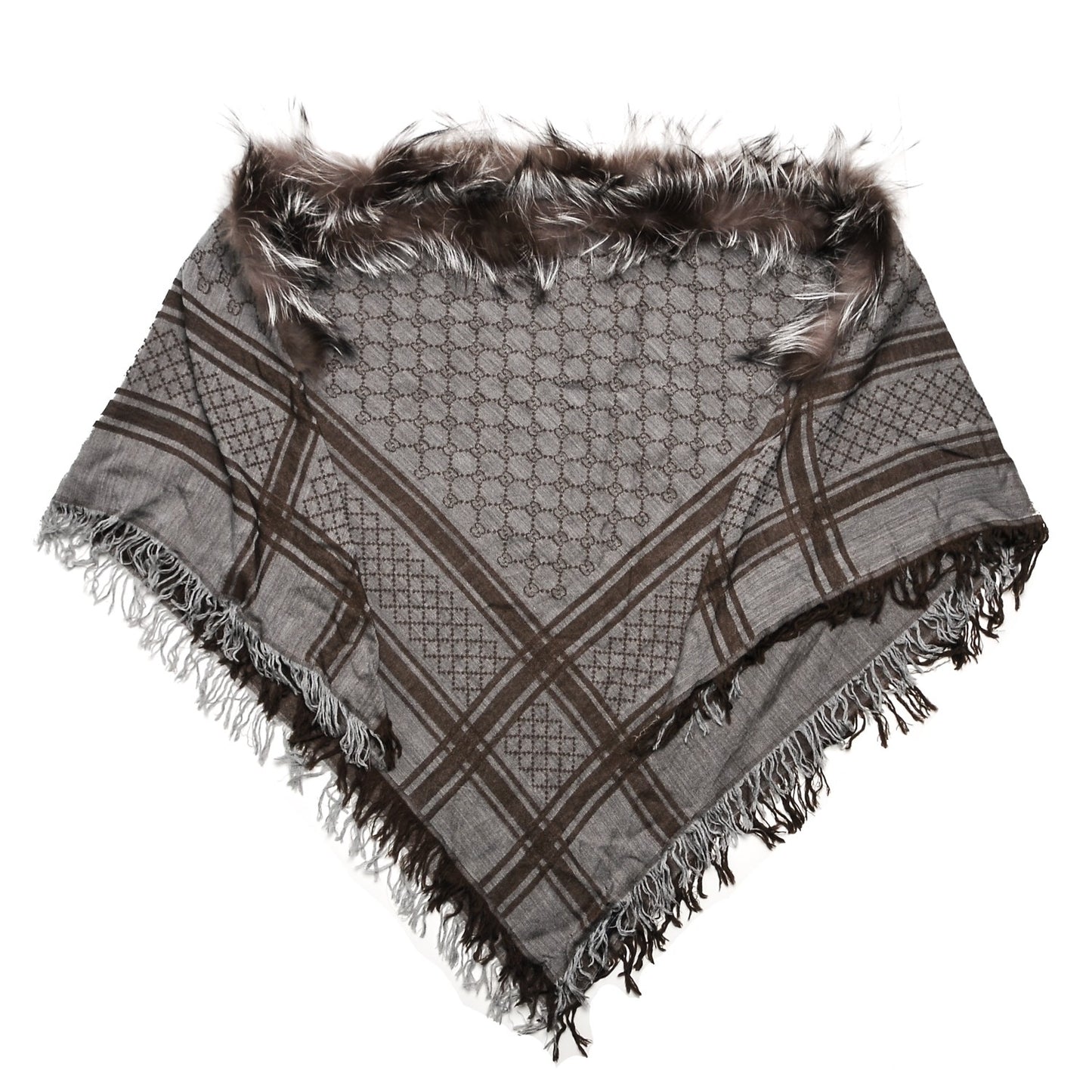 Wool Silk Fox Fur Monogram Shawl Scarf Brown