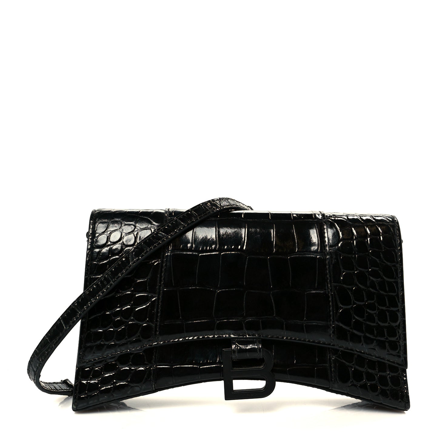 Shiny Calfskin Monochrome Crocodile Embossed Small Hourglass Evening Chain Bag Black