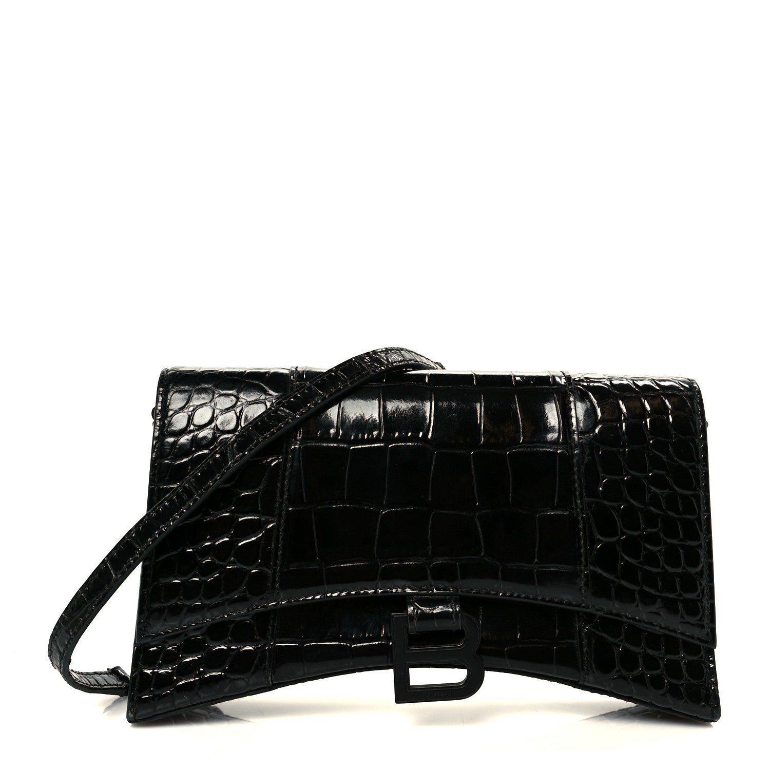 Balenciaga Shiny Calfskin Monochrome Crocodile Embossed Small Hourglass Evening Chain Bag Black 1 of 11