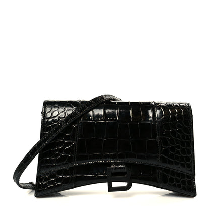 Balenciaga Shiny Calfskin Monochrome Crocodile Embossed Small Hourglass Evening Chain Bag Black 1 of 11