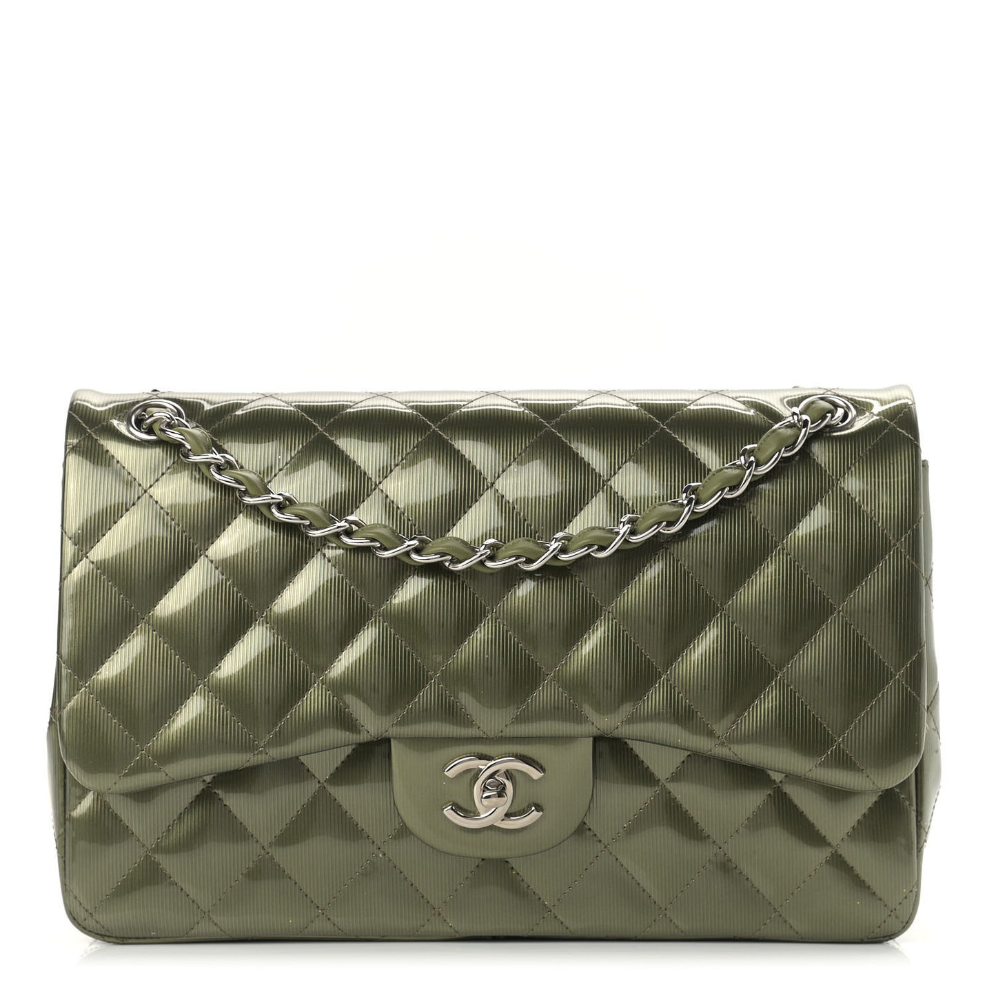 Striated Patent Quilted Jumbo Double Flap Green