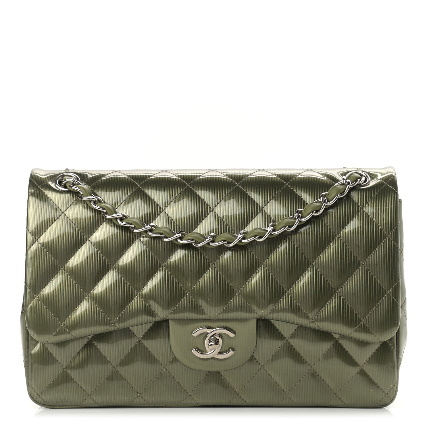 Chanel Striated Patent Quilted Jumbo Double Flap Green 1 of 12