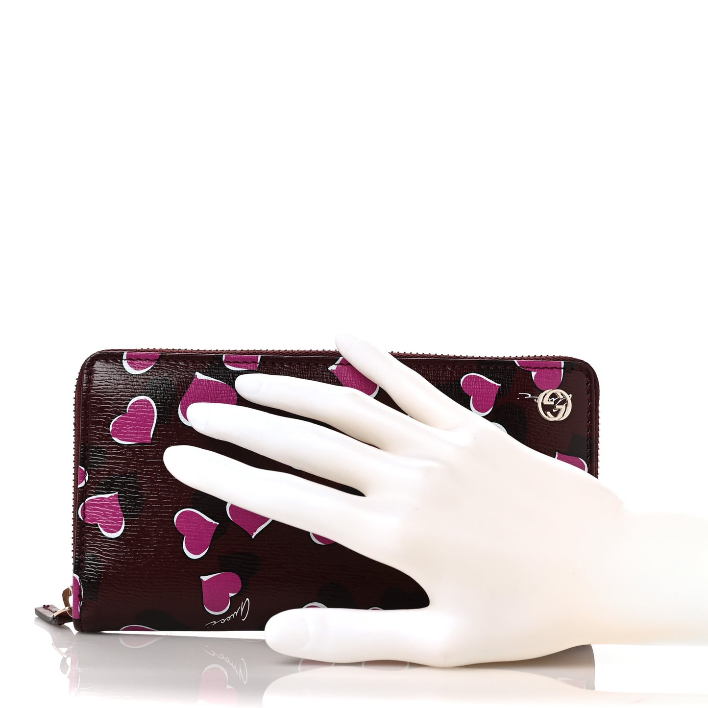 Calfskin Heartbeat Print Zip Around Wallet New Wine