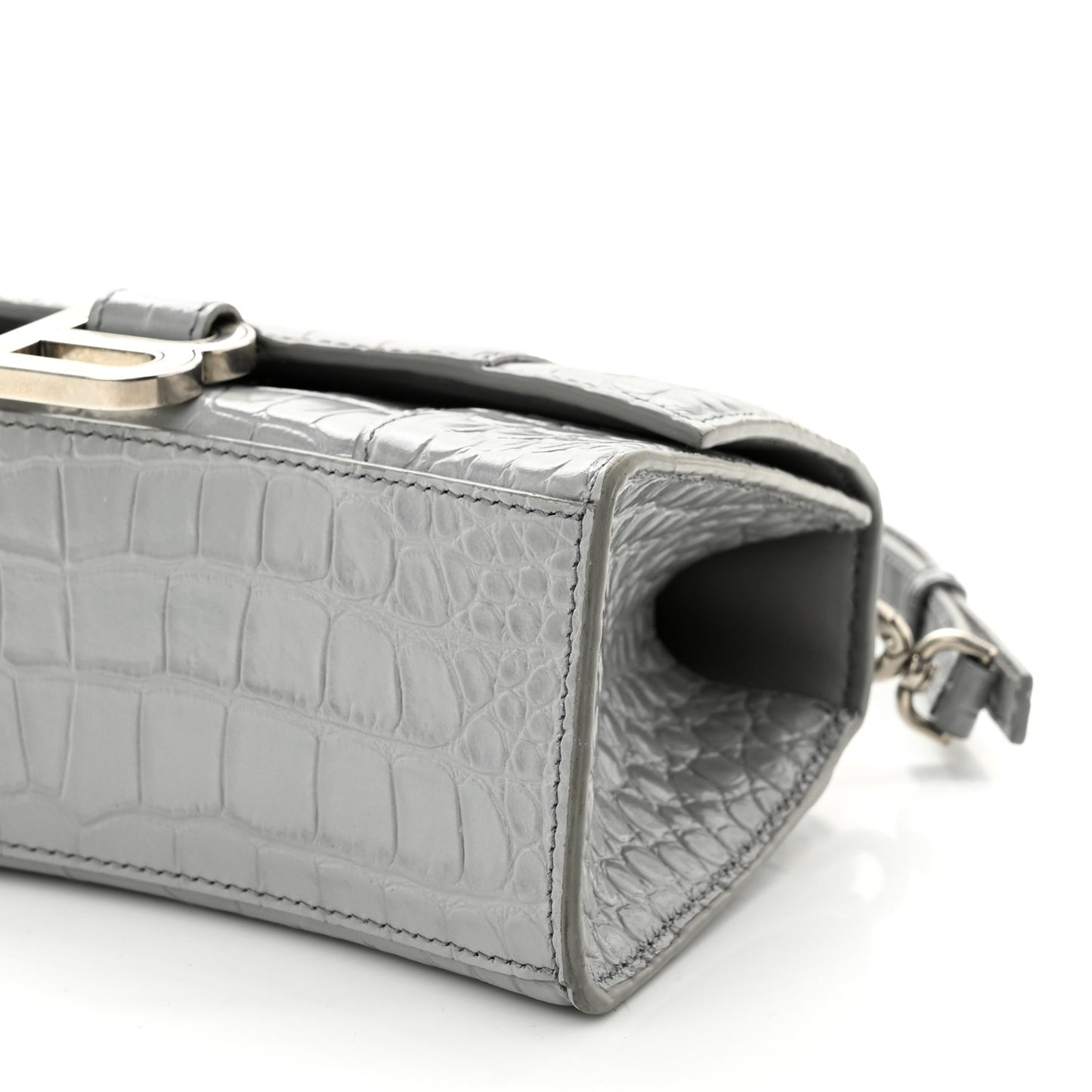 Shiny Calfskin Crocodile Embossed Hourglass Top Handle Bag XS Balenciaga Grey