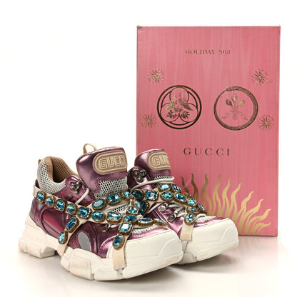 Gucci X SEGA Metallic Calfskin Mesh Removable Crystals Womens Flashtrek Sneakers 40.5 Rosa Great 40.5 White Silver 7 of 7