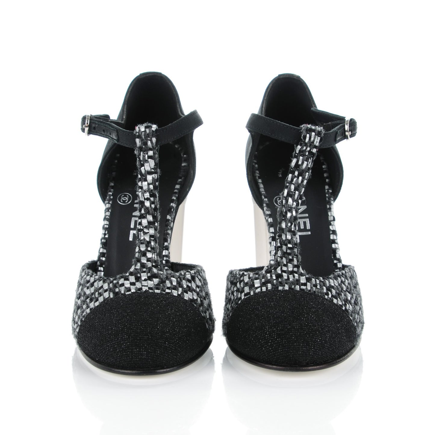 Tweed Grosgrain Chain T-Strap Pumps 37 Black Silver