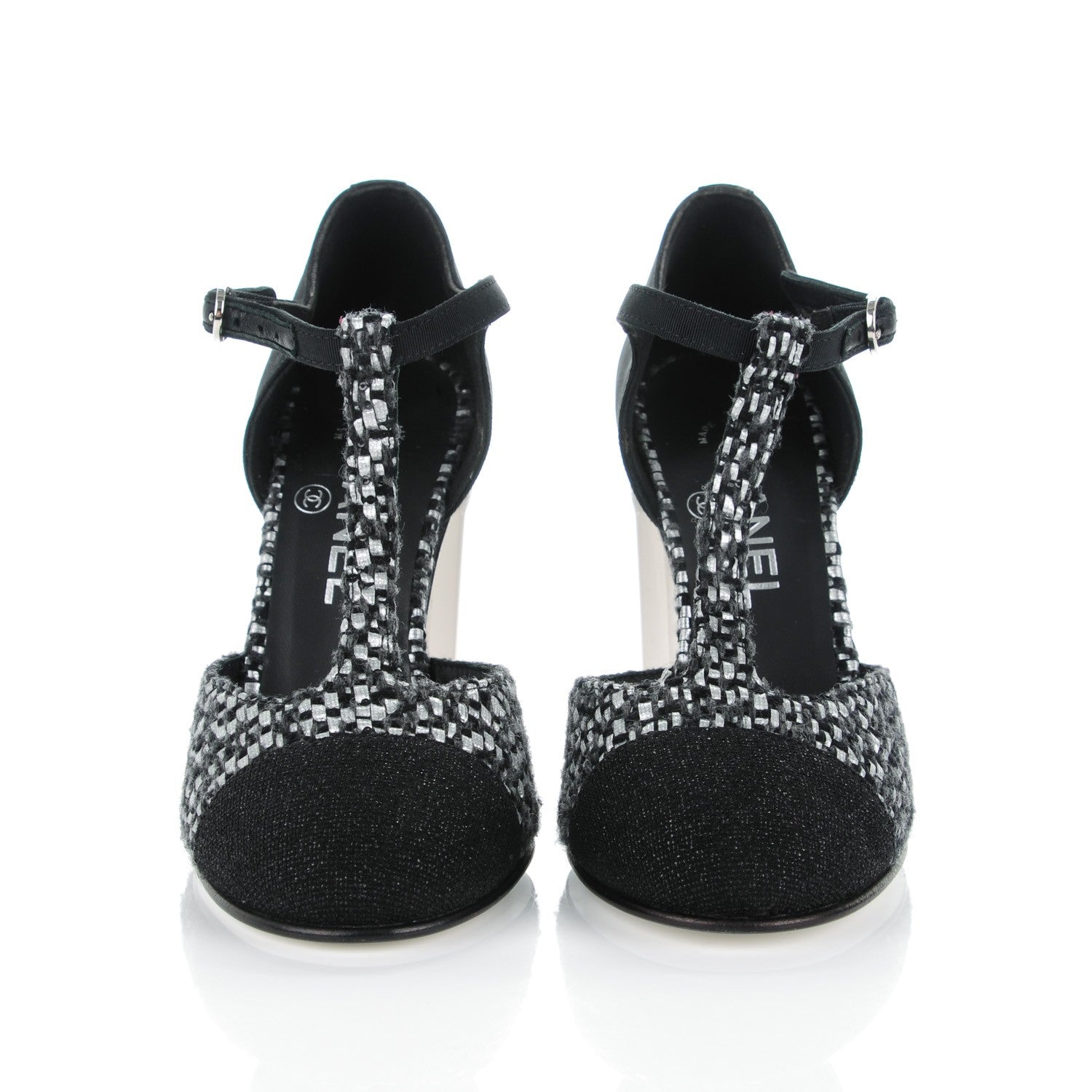 Chanel Tweed Grosgrain Chain T-Strap Pumps 37 Black Silver 2 of 8