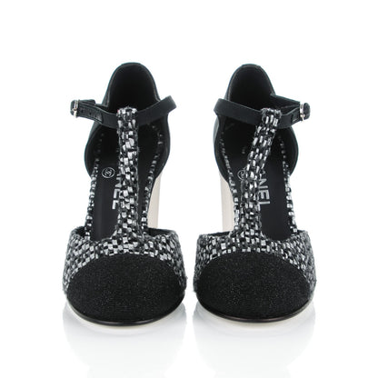 Chanel Tweed Grosgrain Chain T-Strap Pumps 37 Black Silver 2 of 8
