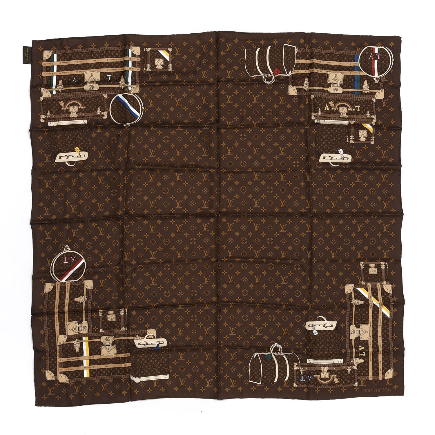 Louis Vuitton Silk Monogram Trunks Square Scarf Marroon 1 of 3