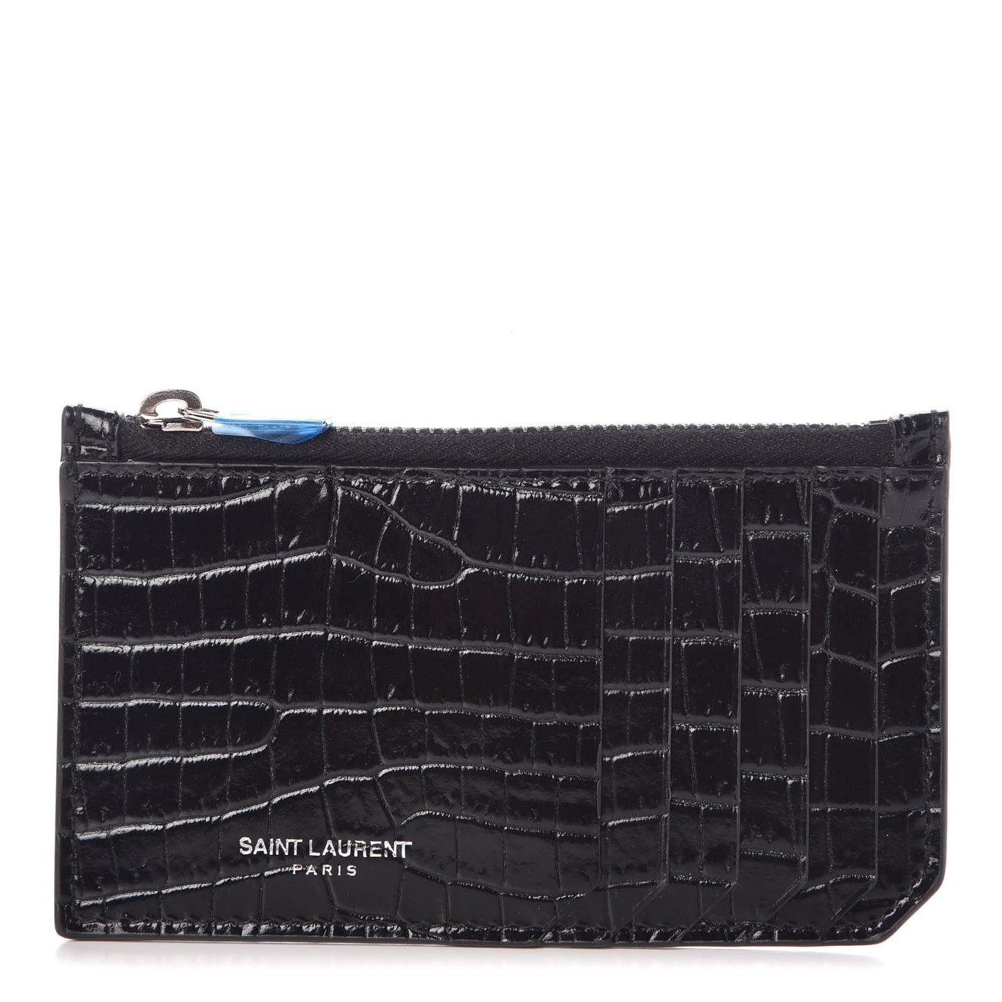 Calfskin Crocodile Embossed 5 Fragments Zip Pouch Card Holder Black