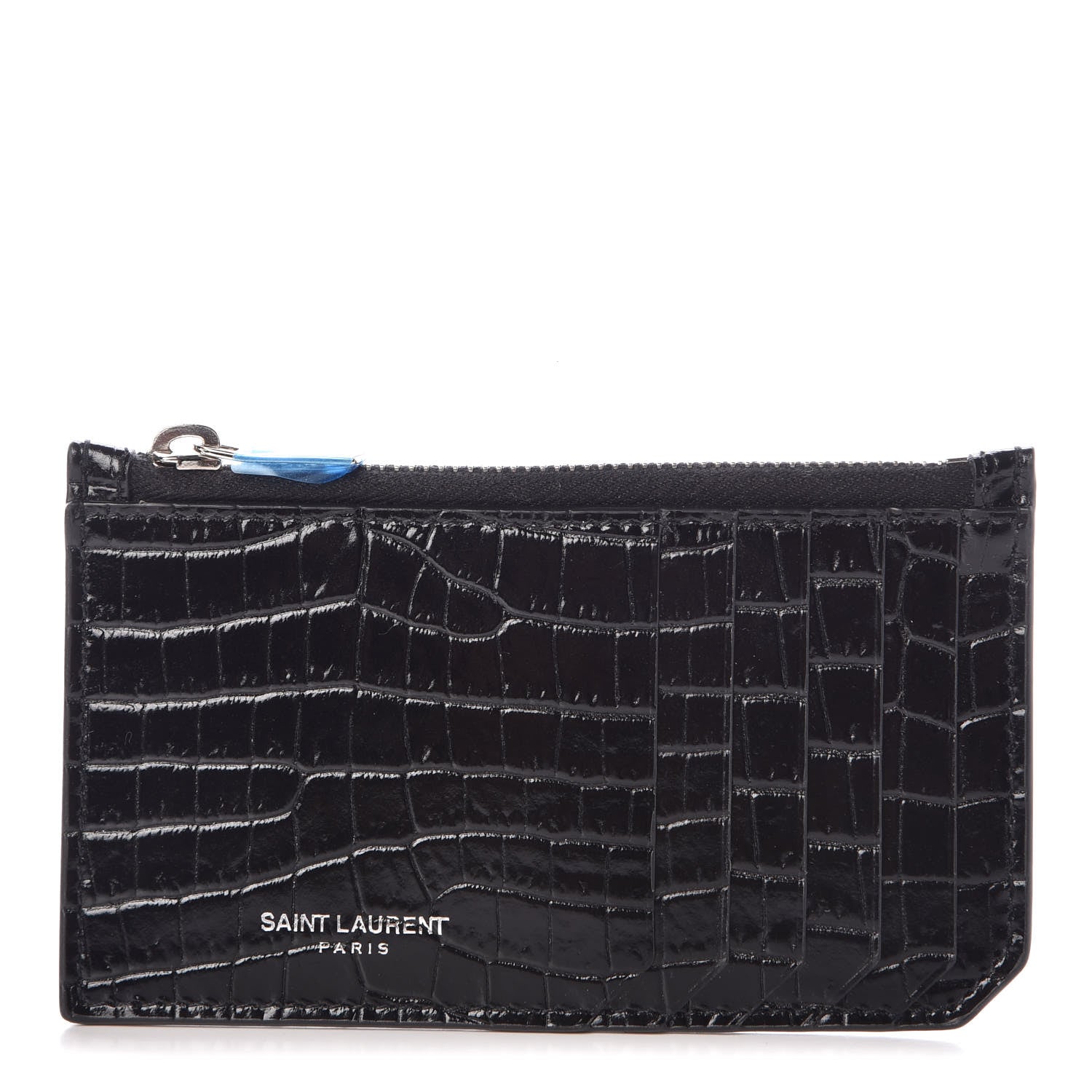 Saint Laurent Calfskin Crocodile Embossed 5 Fragments Zip Pouch Card Holder Black 1 of 7