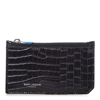 Saint Laurent Calfskin Crocodile Embossed 5 Fragments Zip Pouch Card Holder Black 1 of 7