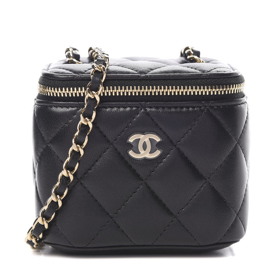 Lambskin Quilted Mini Vanity Case With Chain Black