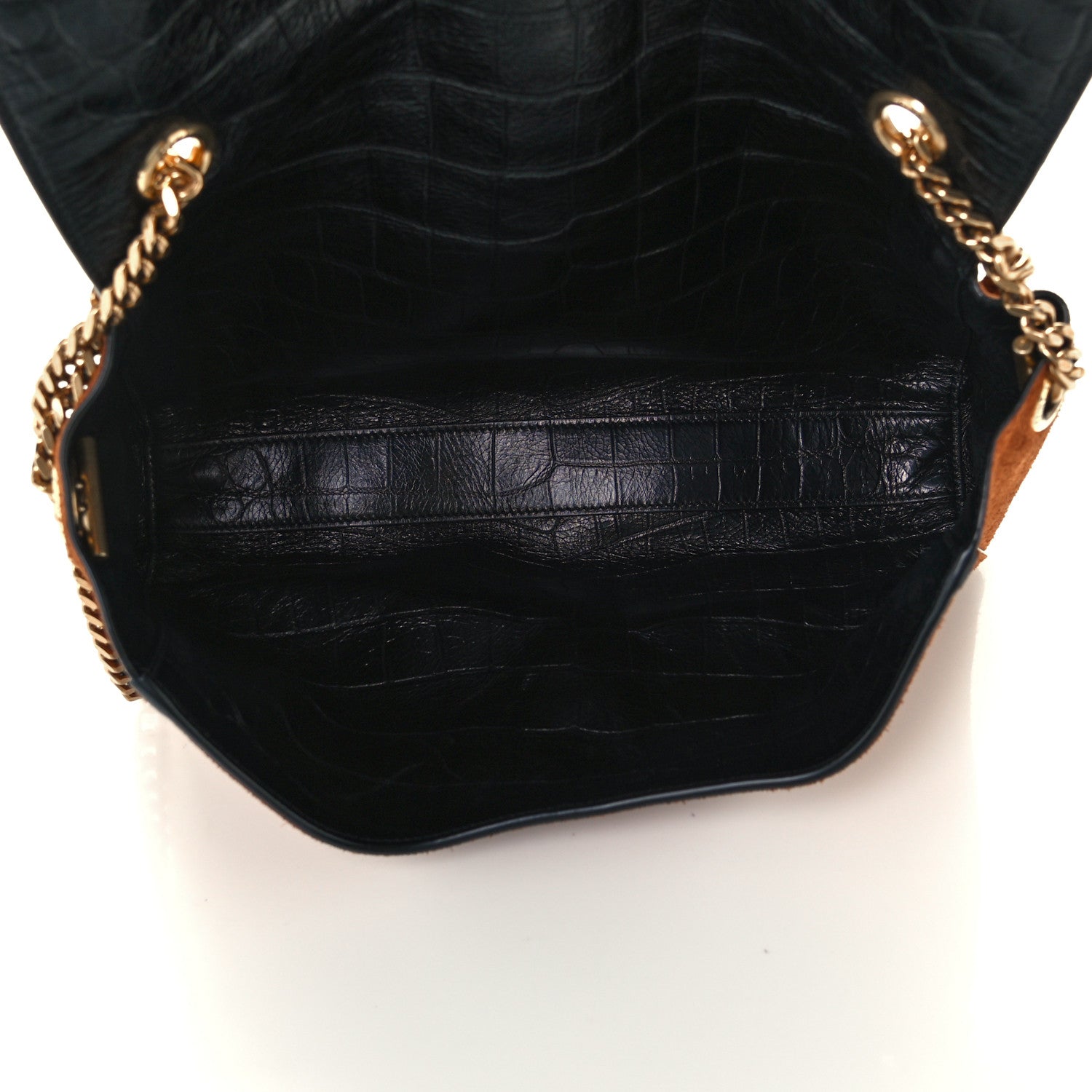 Saint Laurent Calfskin Crocodile Embossed Suede Medium Reversible Monogram Kate Satchel Military Taupe 9 of 17