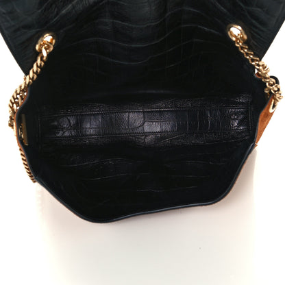 Saint Laurent Calfskin Crocodile Embossed Suede Medium Reversible Monogram Kate Satchel Military Taupe 9 of 17