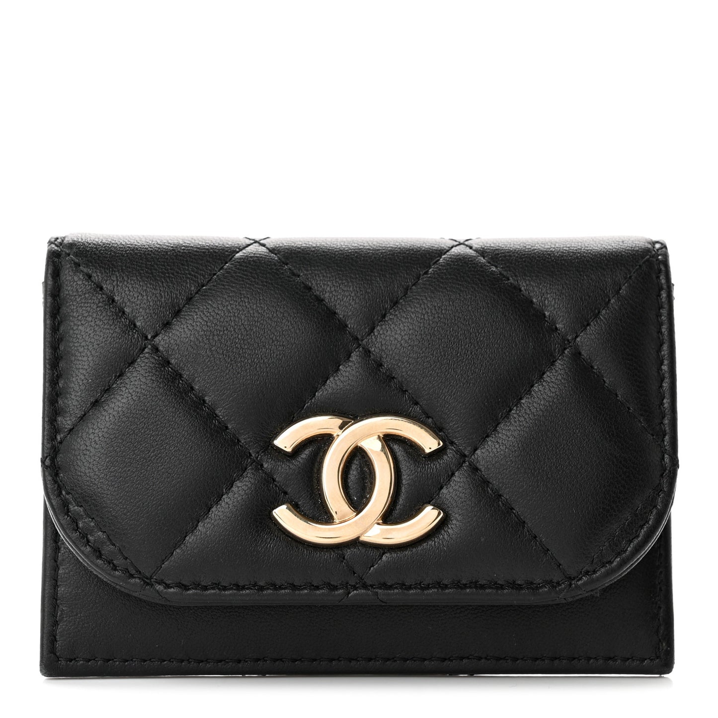 Lambskin Quilted Flap Card Holder Black