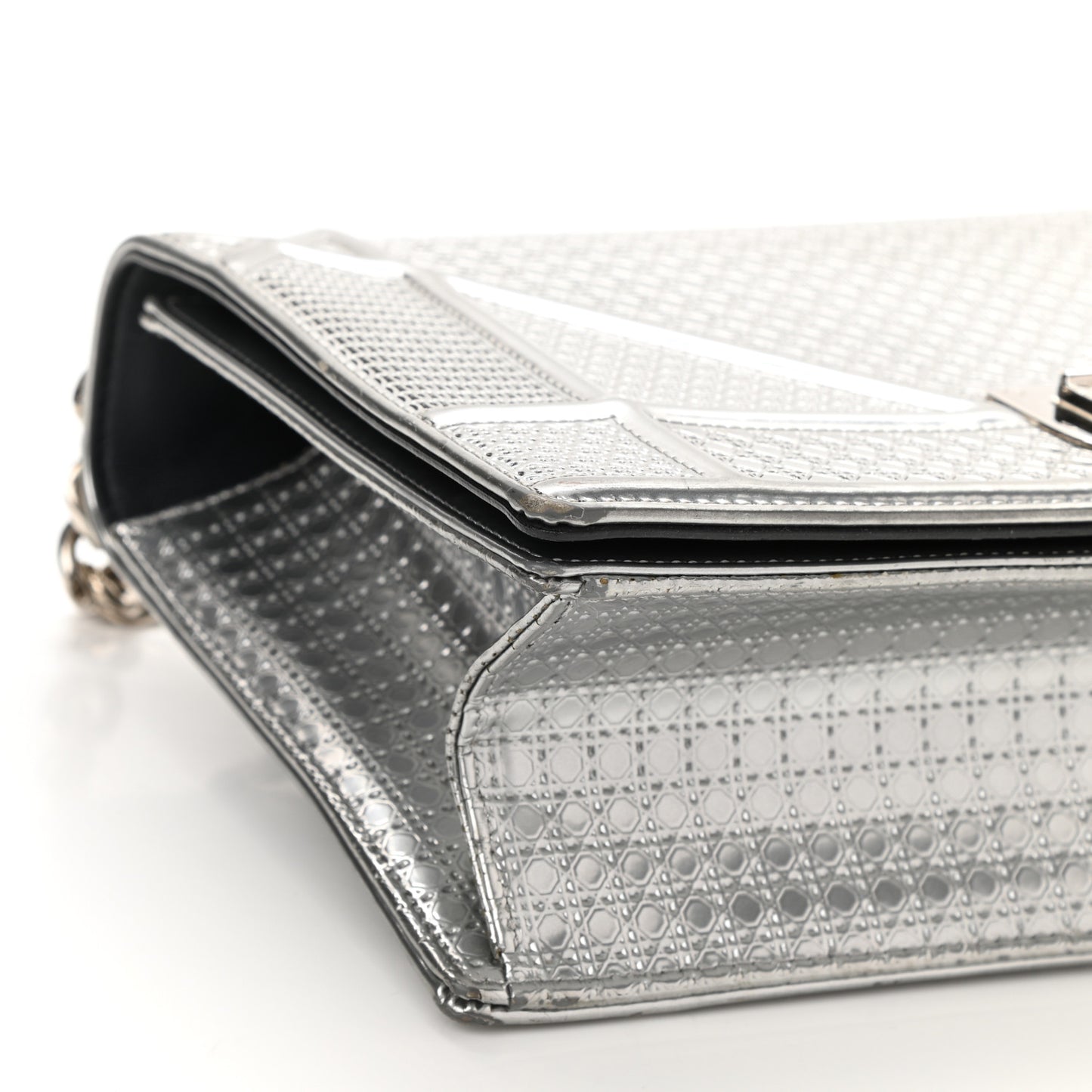Metallic Patent Micro-Cannage Small Diorama Flap Bag Silver