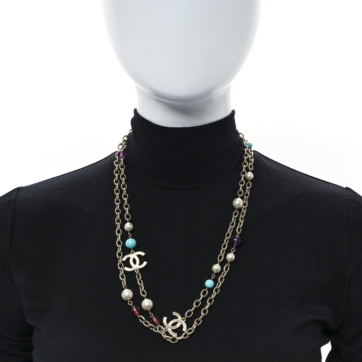 Pearl Beaded CC Long Necklace Gold Multicolor