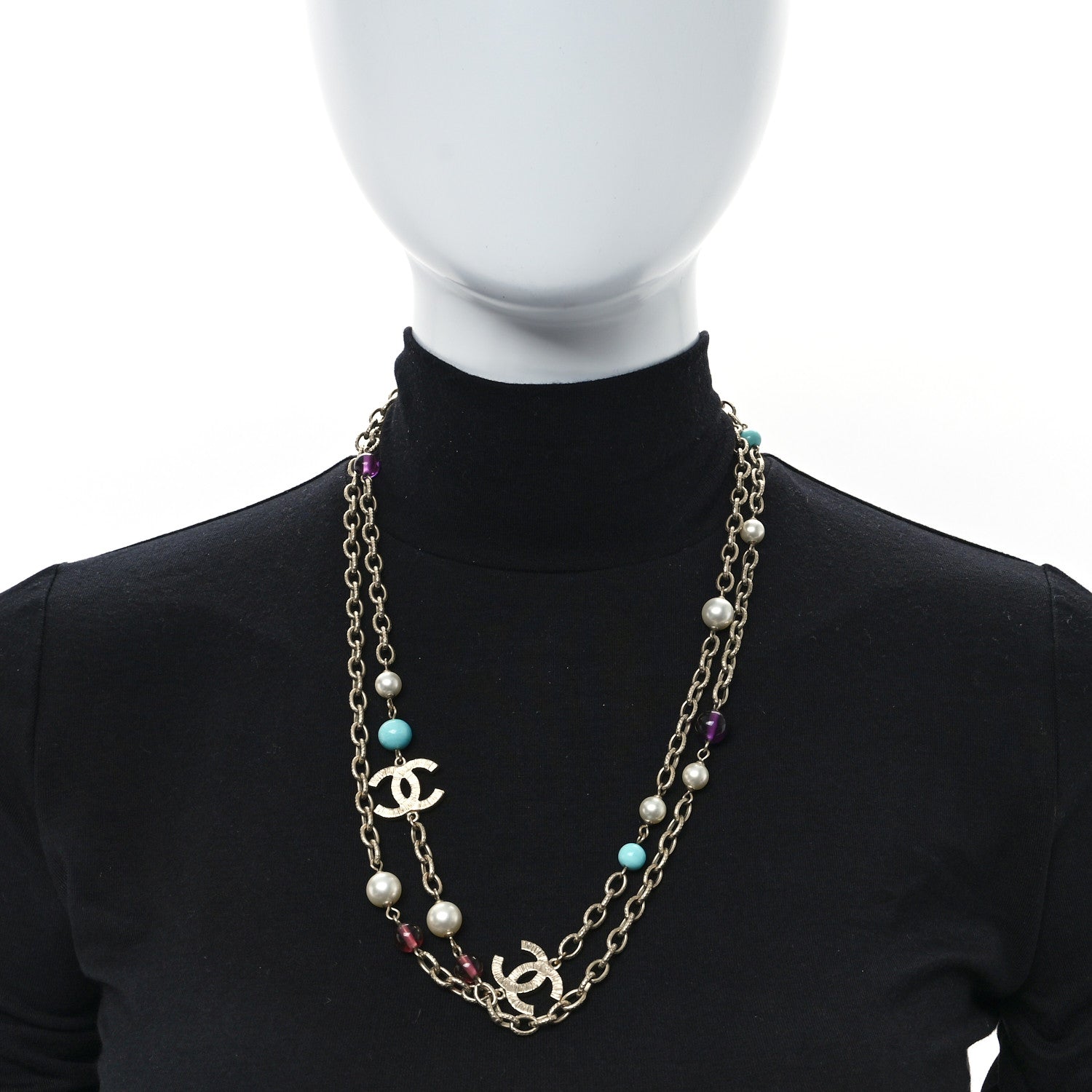 Chanel Pearl Beaded CC Long Necklace Gold Multicolor 2 of 5