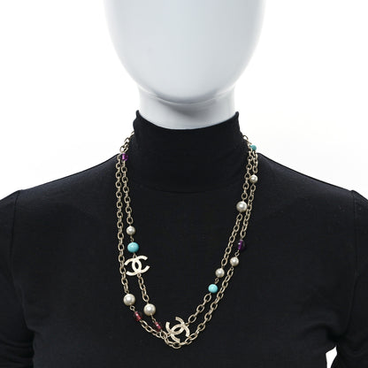 Chanel Pearl Beaded CC Long Necklace Gold Multicolor 2 of 5