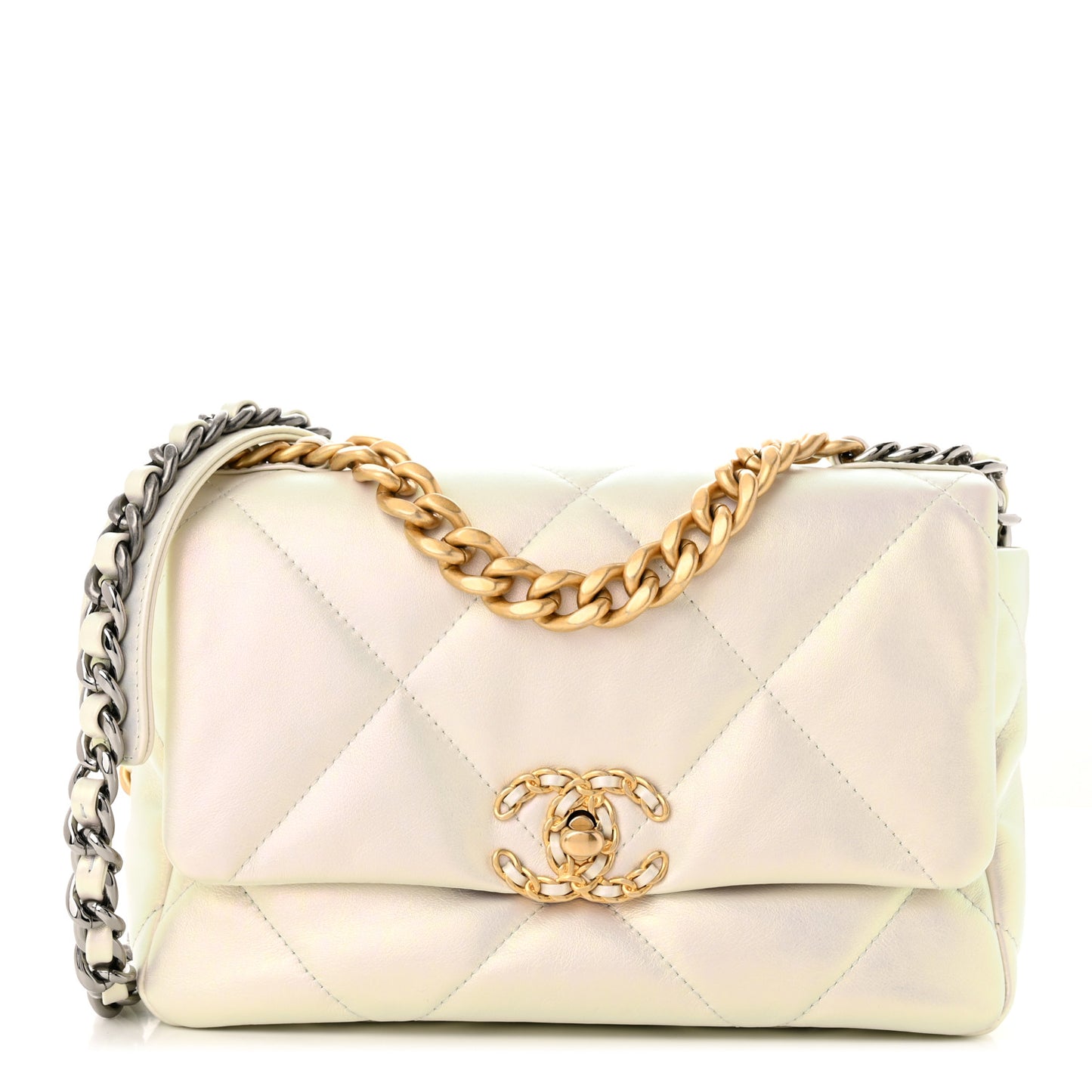 Iridescent Calfskin Quilted Medium Chanel 19 Flap White