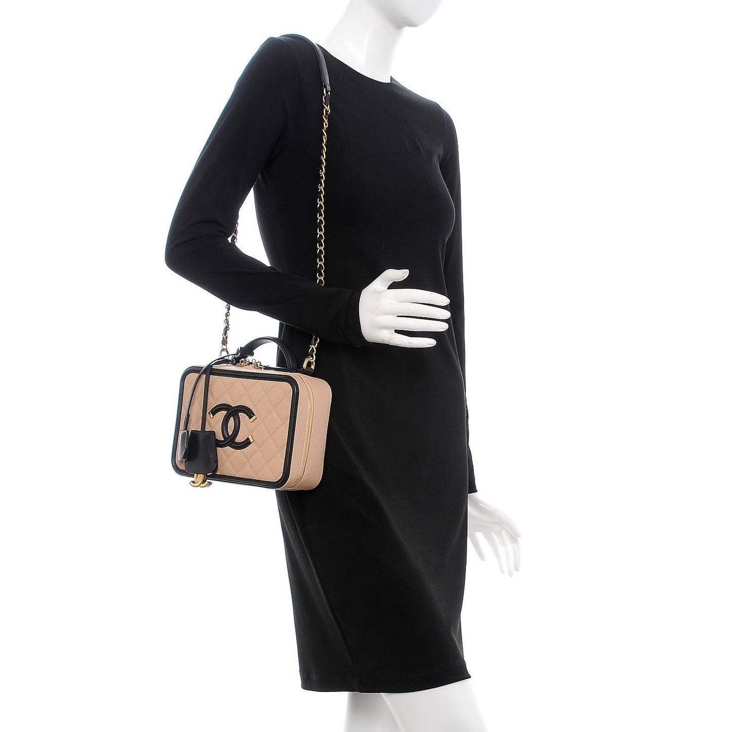 Caviar Quilted Medium CC Filigree Vanity Case Beige Black