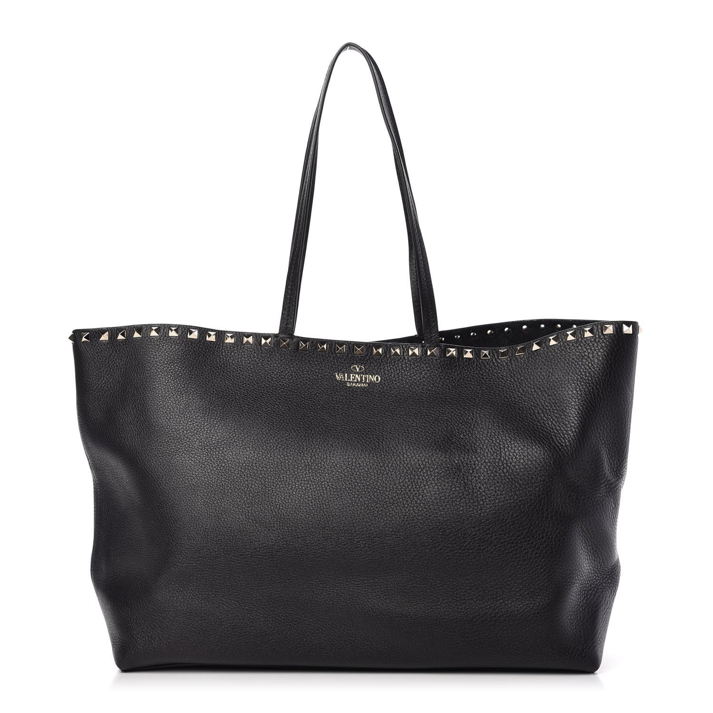 Grained Calfskin Rockstud Shoulder Tote Black