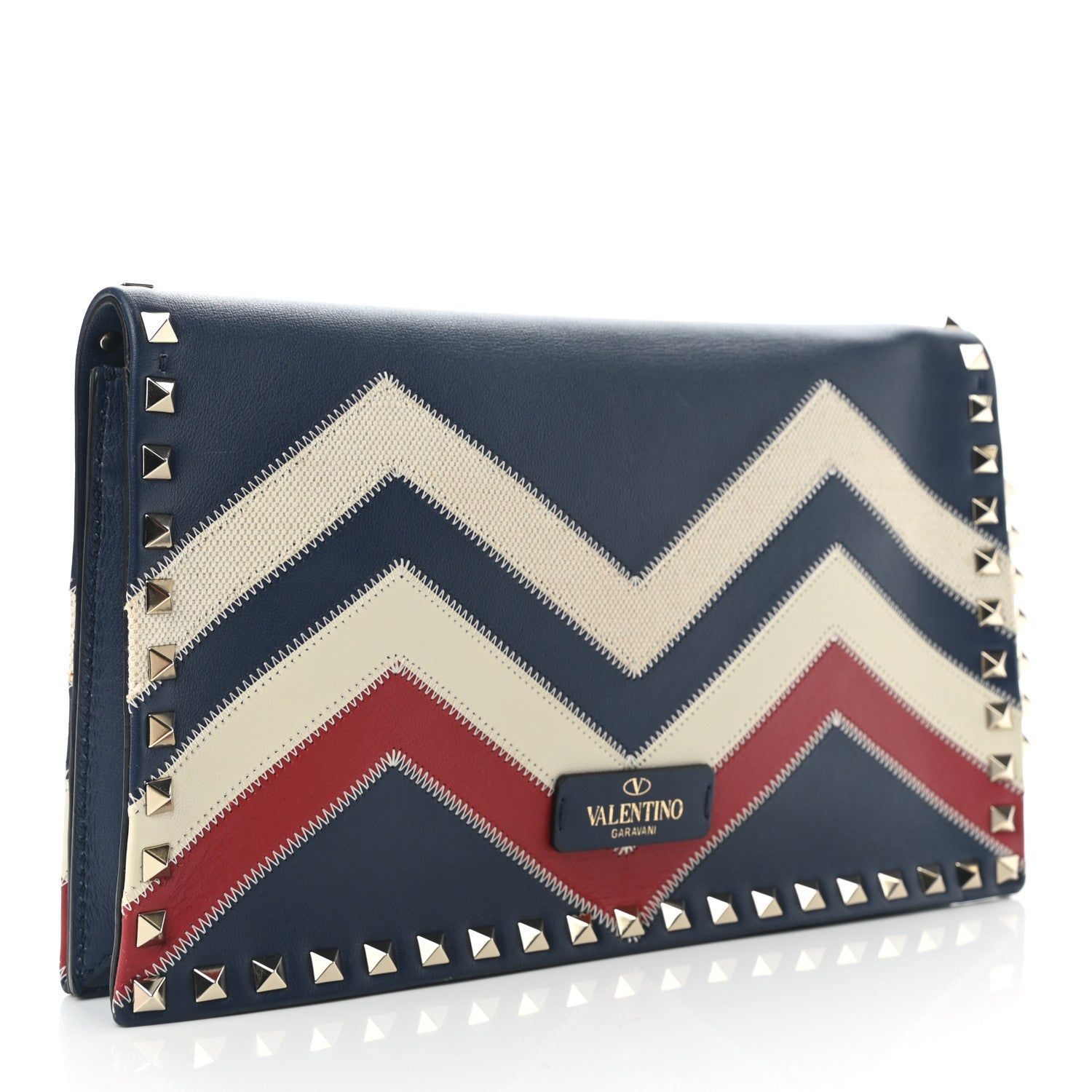 Valentino Garavani Nappa Canvas Chevron Striped Rockstud Wristlet Clutch Blue Red White 3 of 6