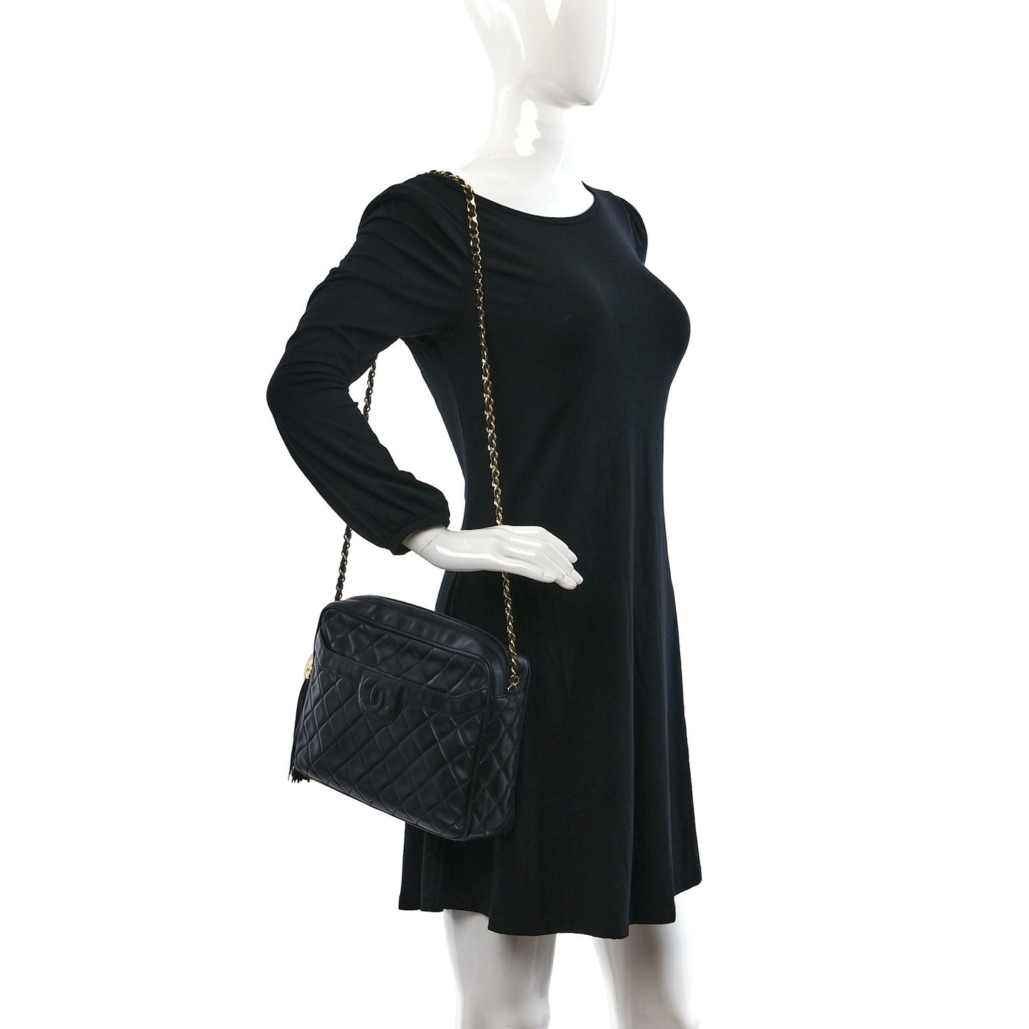 Lambskin Quilted CC Tassel Camera Case Black