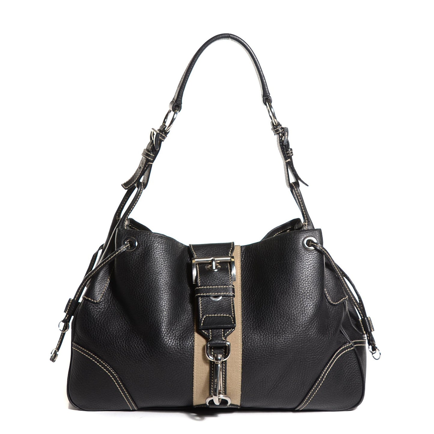 Vitello Daino Stripe Shoulder Bag Nero Black