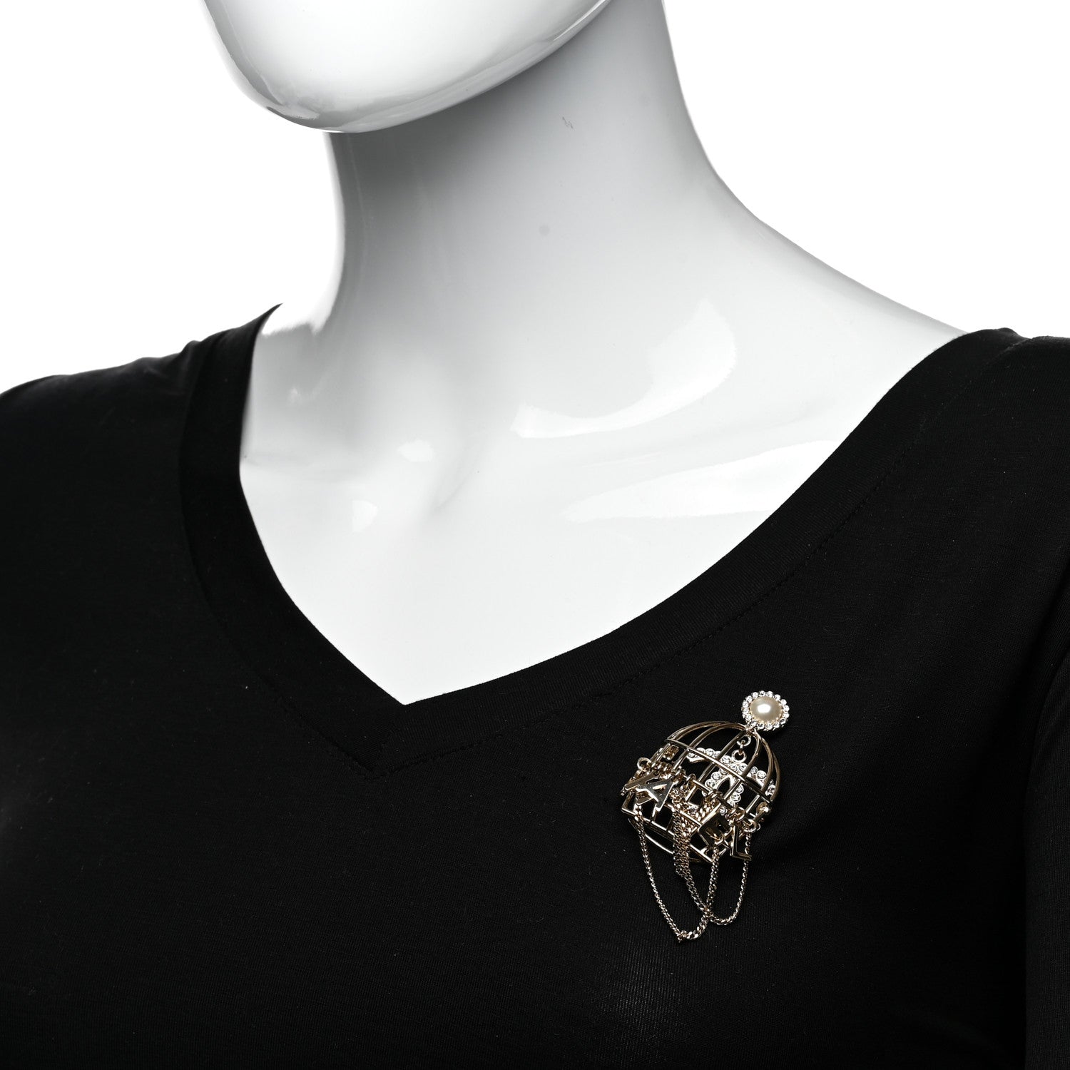 Chanel Pearl Crystal Birdcage Pin Brooch Light Gold 2 of 5