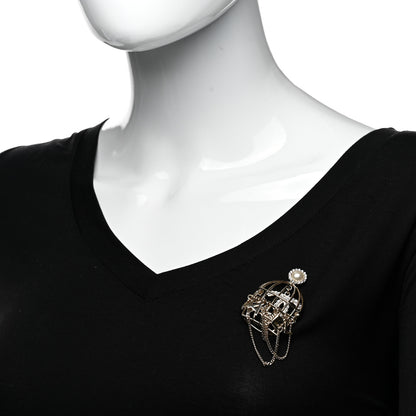 Chanel Pearl Crystal Birdcage Pin Brooch Light Gold 2 of 5