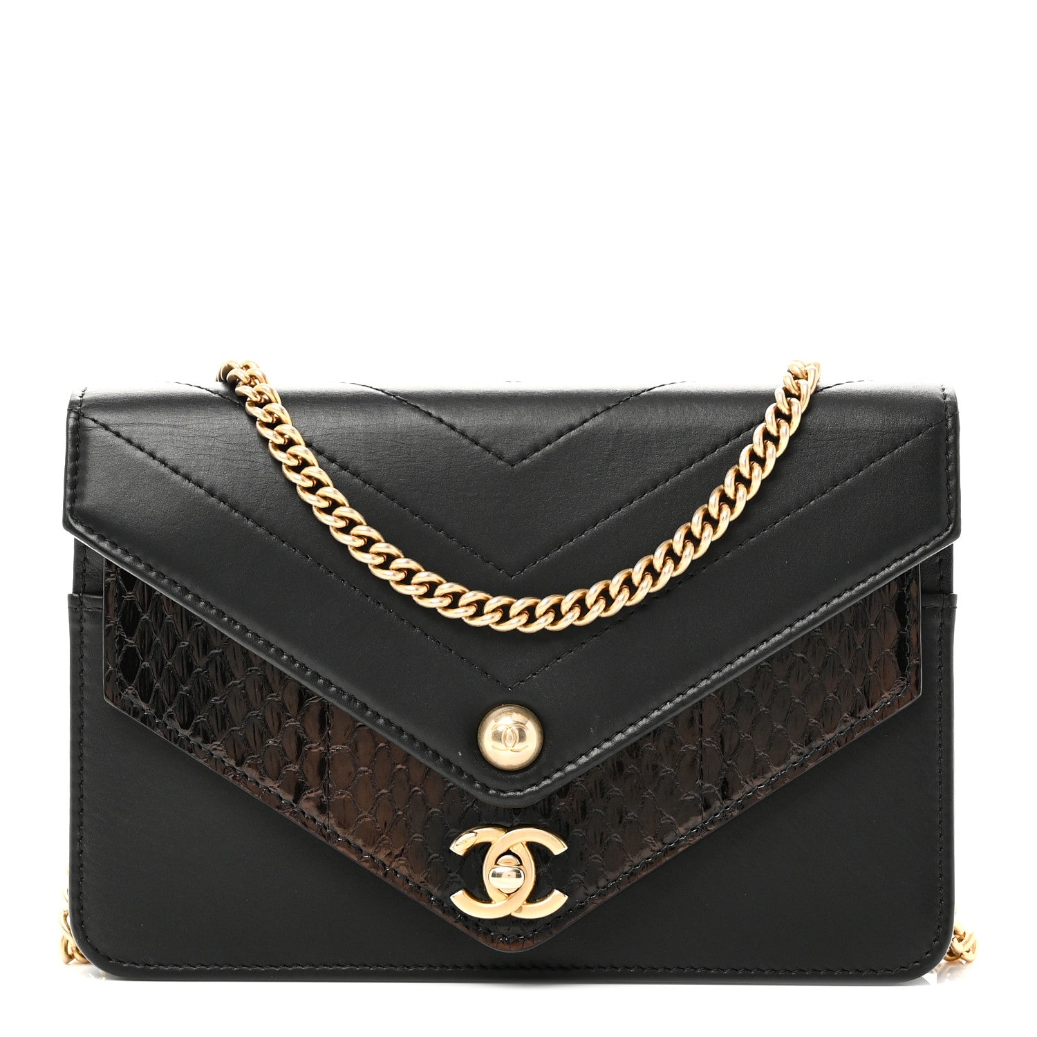 Chanel Calfskin Elaphe Double Chevron Mini Wallet On Chain WOC Black 1 of 12