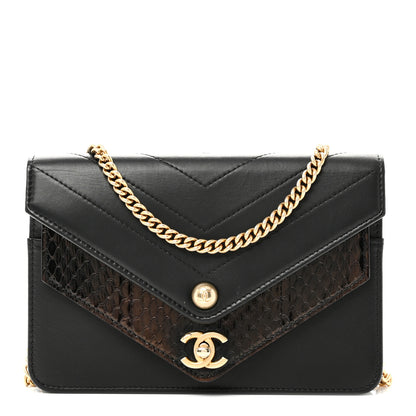 Chanel Calfskin Elaphe Double Chevron Mini Wallet On Chain WOC Black 1 of 12