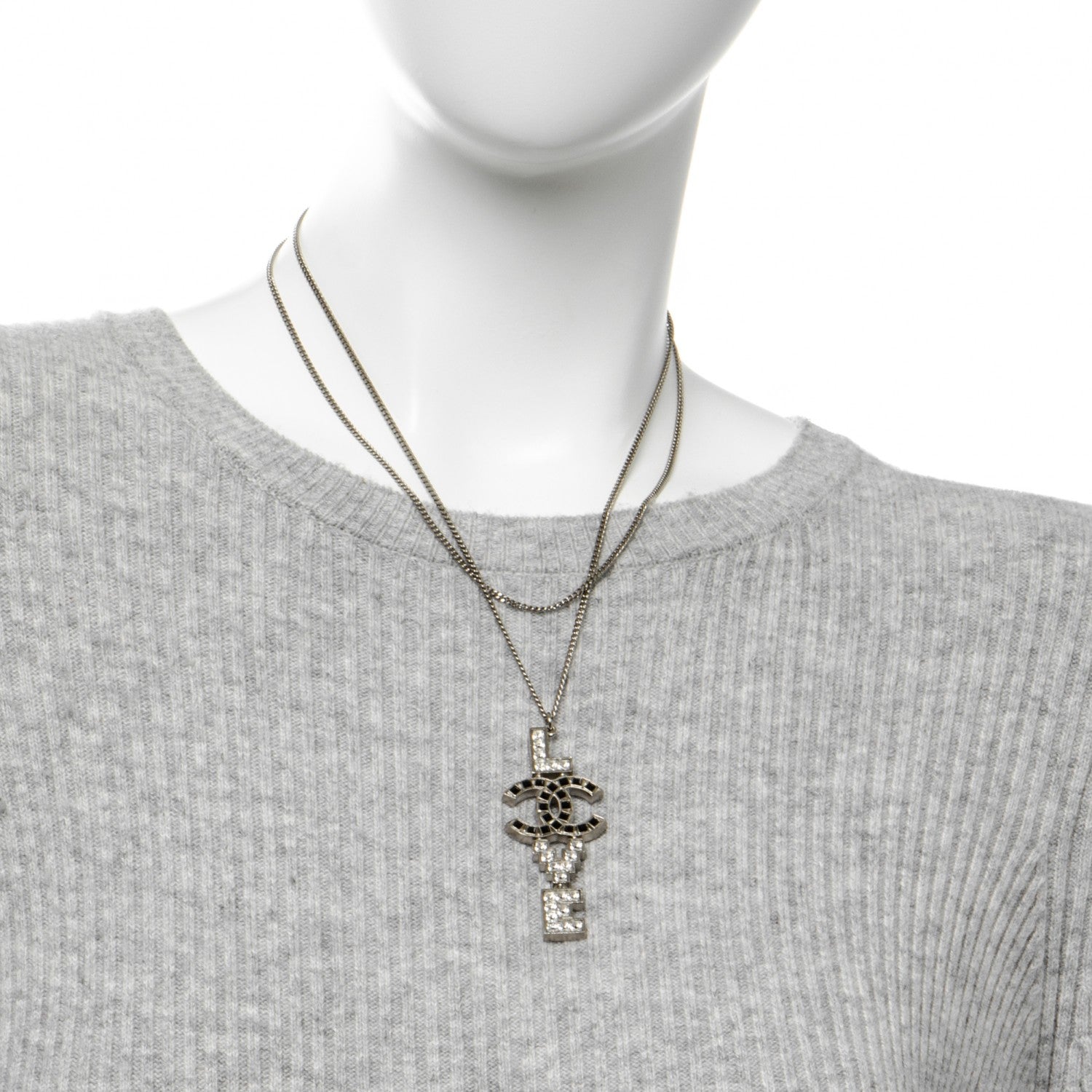 Chanel Crystal Love CC Pendant Necklace Silver Black 2 of 5