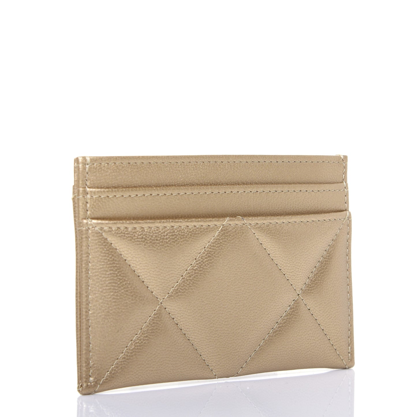 Metallic Goatskin Quilted Chanel 19 Card Holder Gold