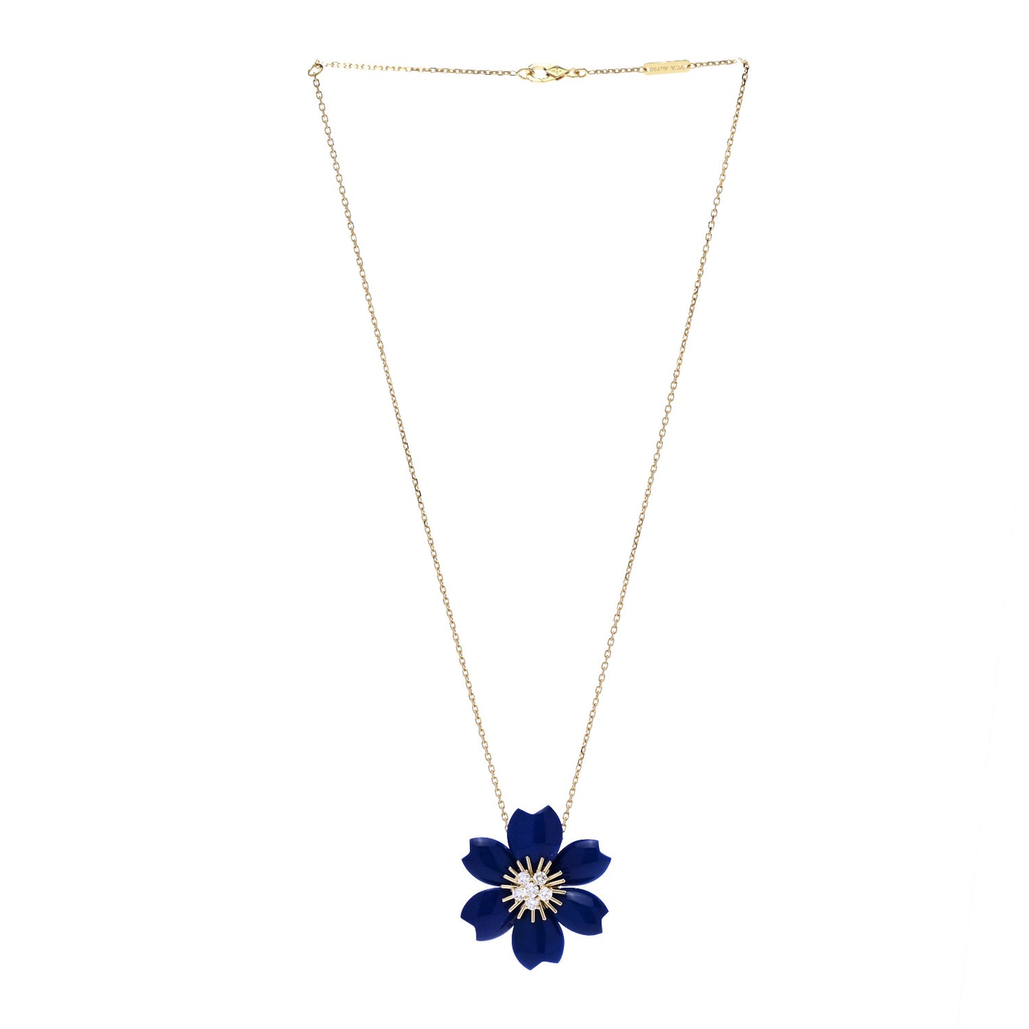 18K Yellow Gold Diamond Lapis Lazuli Small Rose De Noel Pendant Necklace