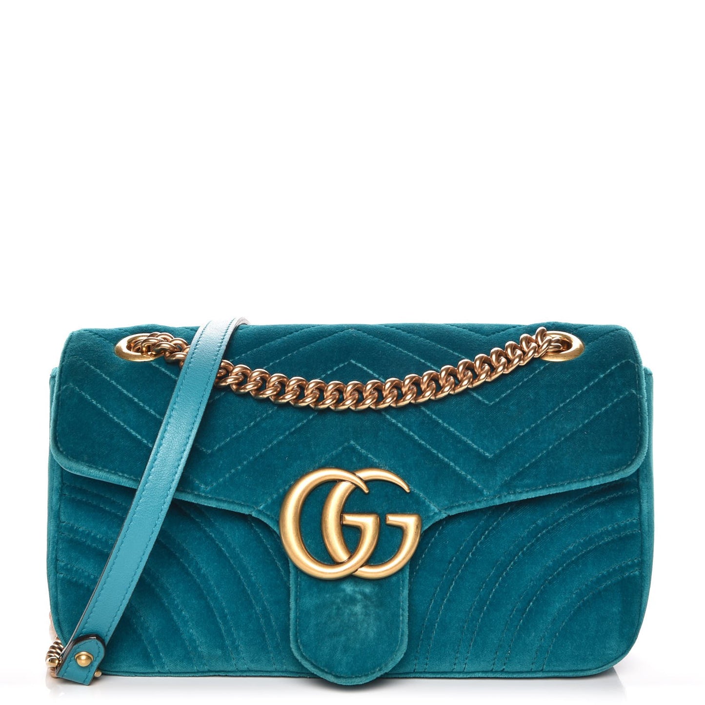 Velvet Matelasse Small GG Marmont Shoulder Bag Pavone Cyan