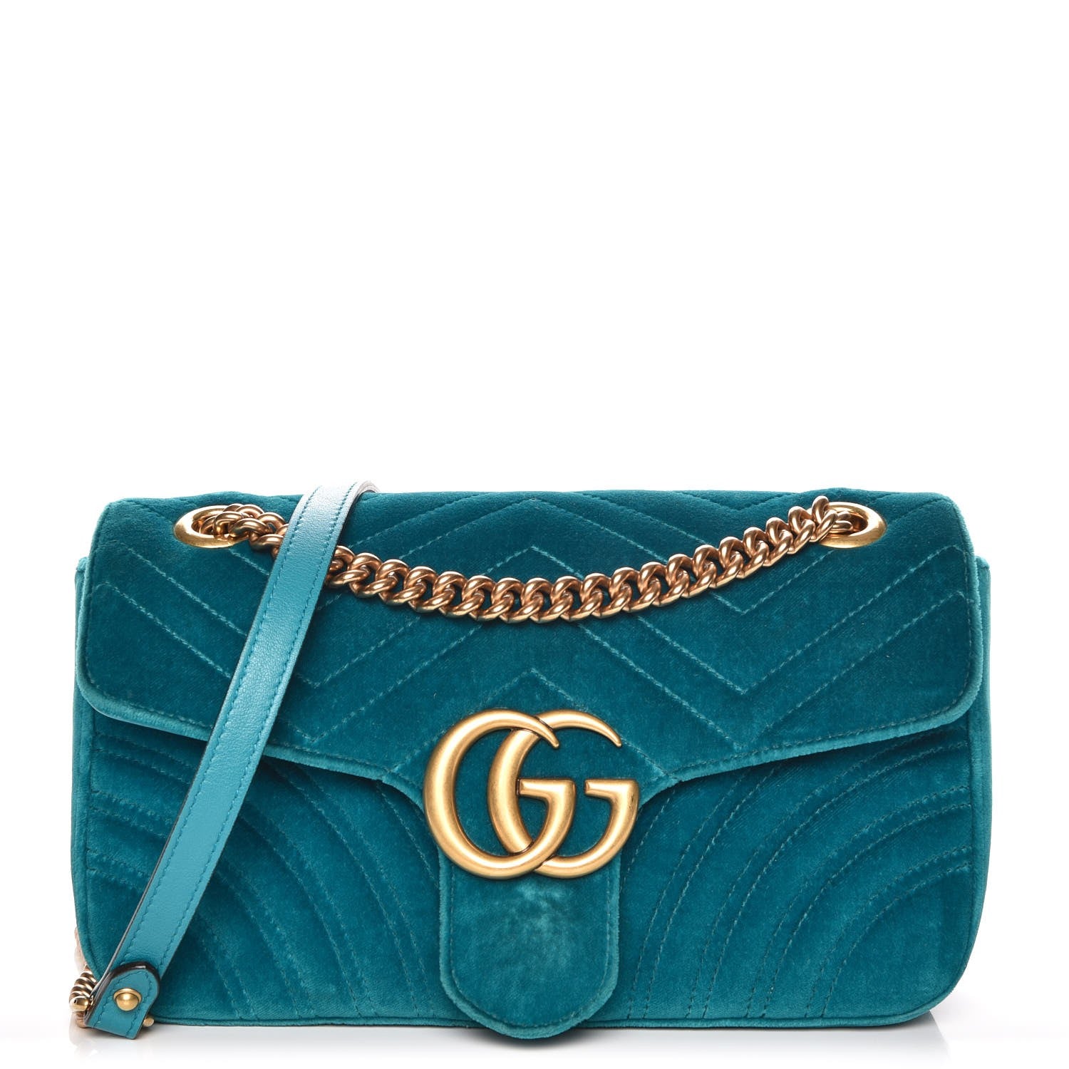 Gucci Velvet Matelasse Small GG Marmont Shoulder Bag Pavone Cyan 1 of 7