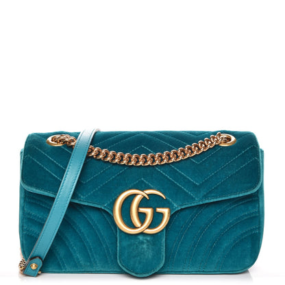 Gucci Velvet Matelasse Small GG Marmont Shoulder Bag Pavone Cyan 1 of 7