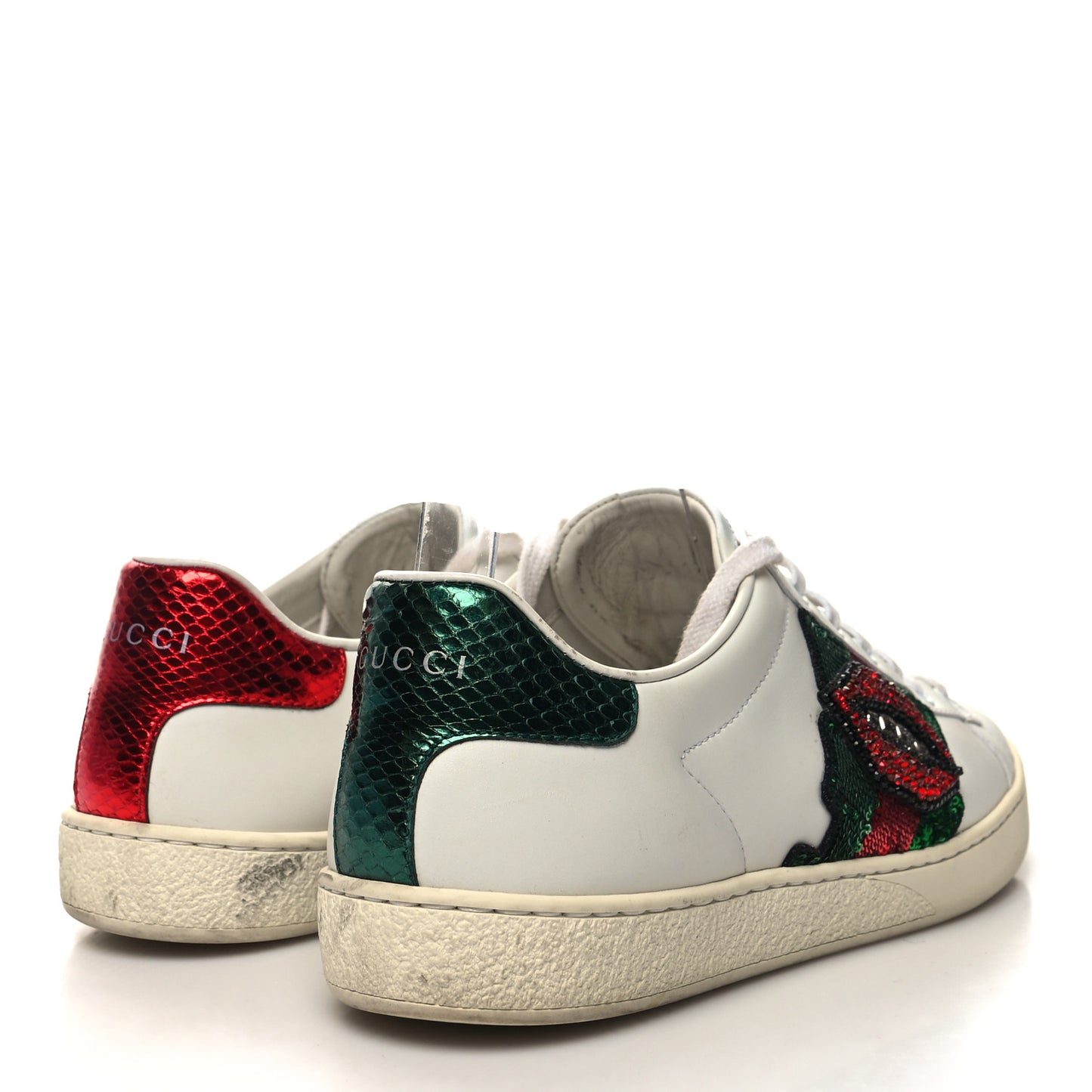 Calfskin Web Crystal Womens Mouth Ace Sneakers 37.5 White