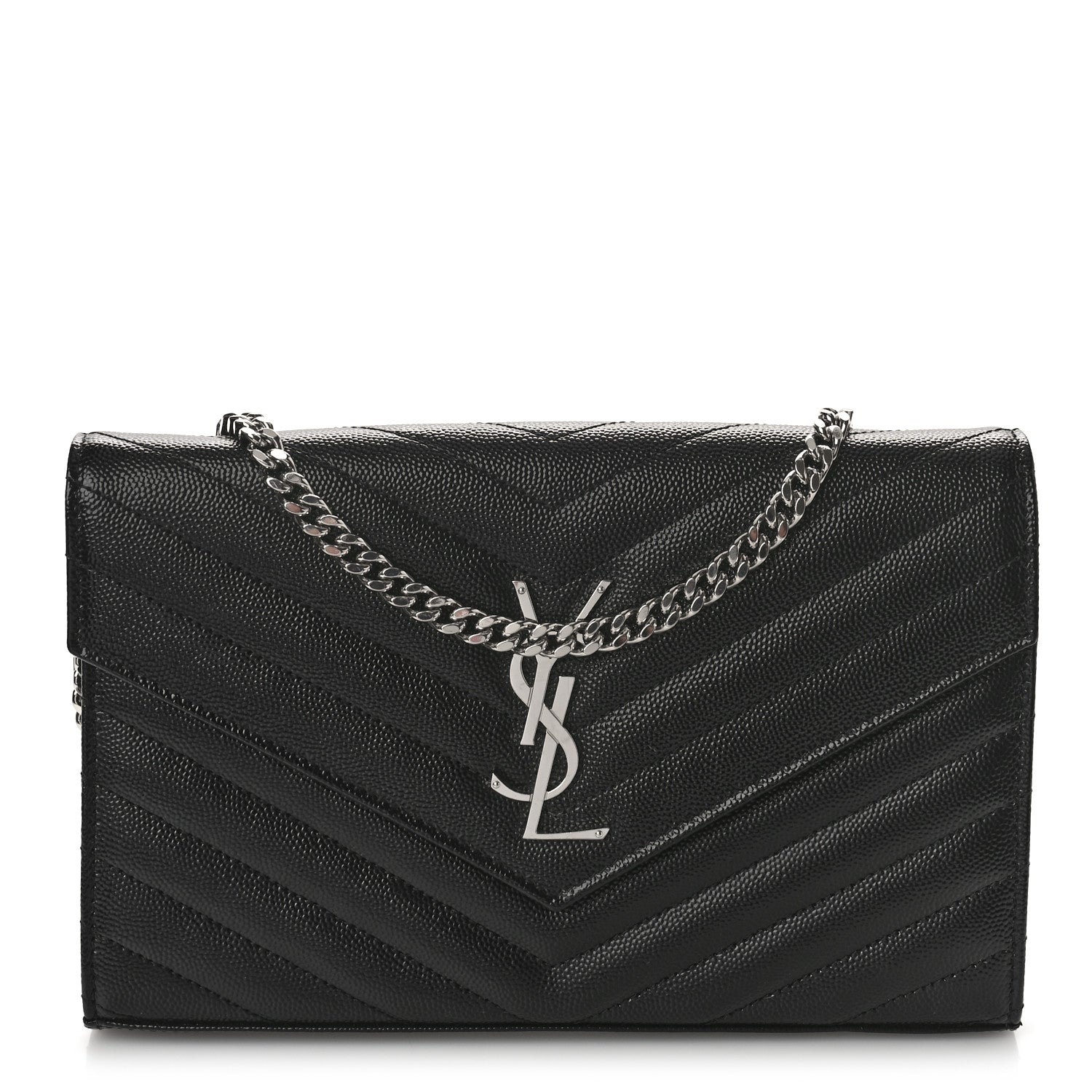 Saint Laurent Grain De Poudre Matelasse Chevron Monogram Chain Wallet Black 1 of 9