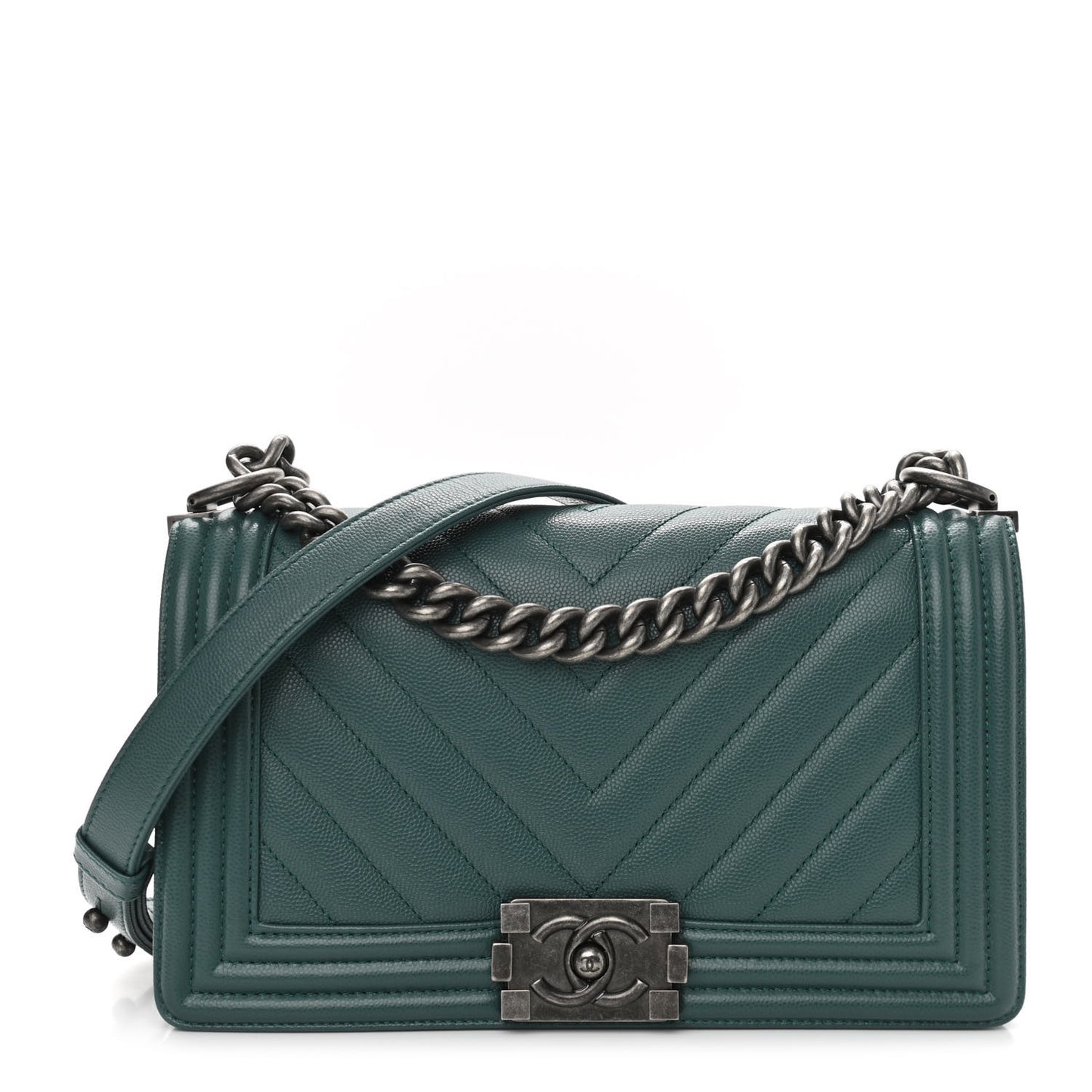 Caviar Chevron Quilted Medium Boy Flap Green