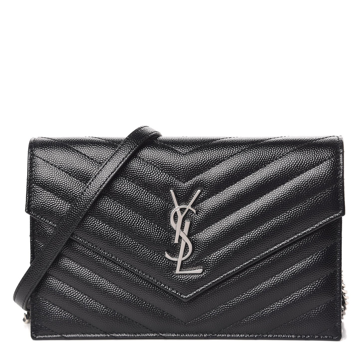 Grain De Poudre Matelasse Chevron Monogram Envelope Chain Wallet Black